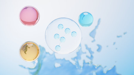 3d render of simple chemical bond in side cell or molecules. The associated of atoms, ions, bond and molecules. Liquid drop bubble background. Covalent bond. Biochemical interaction.の写真素材