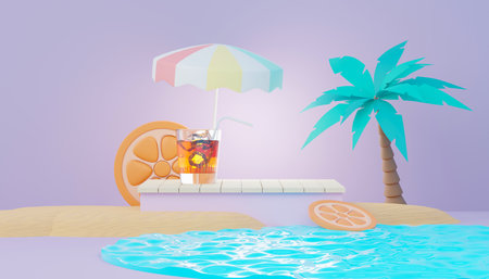 3d render Summer sale podium stand for showing product. Beach Vacations Scene in Summer for mock up.の写真素材