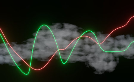 3d render of RGB neon light on darkness background. Abstract Laser lines show at night. Ultraviolet spectrum beam scene for mock up and web banner.の写真素材