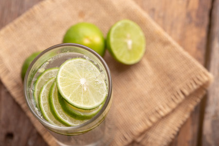 Close up lemon sliced in the glass with soda water and a half of the green lime place on woven sack...