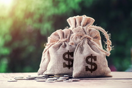money bag on wood with coins stack in morning light. concept savingの写真素材