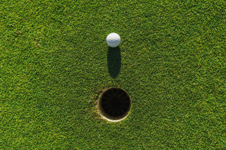golf ball on green grass with hole and sunlightの写真素材