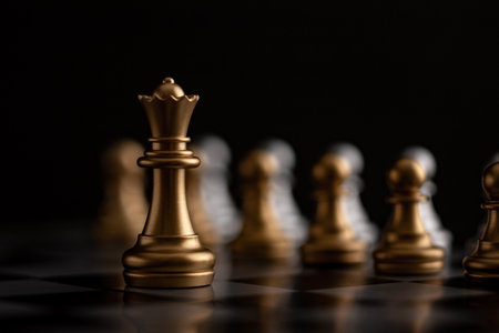 gold queen is the leader of the chess in the game on board.の写真素材