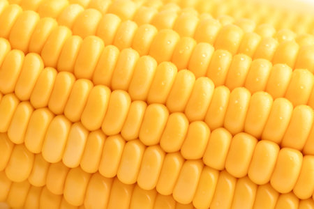Close-up seeds of sweet corn in a row. A drop of water on the yellow seed. Abstract background and...