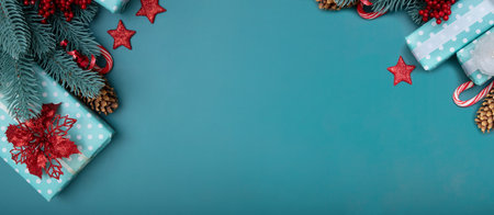 Christmas banner with gifts, decorative poinsettia and pine tree on turquoise background copy spaceの写真素材