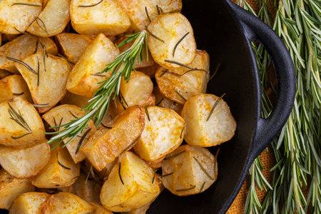 baked fried potatoes with rosemary, coarse salt, olive oil and spice paprika in iron skillet.の写真素材