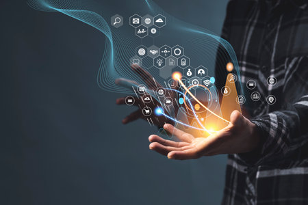 Hand holding virtual Global Internet connection metaverse. Business global internet connection application technology and digital marketingの写真素材