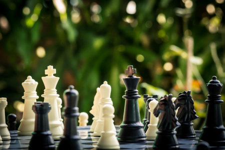 Black and White King and Knight of chess battle on board . Black king are leader to fight with...