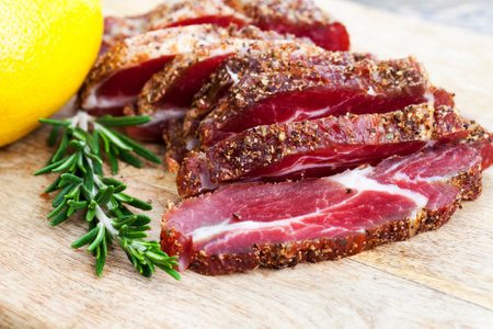 fresh meat products made from pork, pickled meat with spices and saltの写真素材