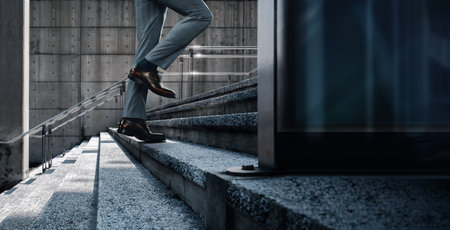 Motivation and challenging Concept. Steps Forward into a Success. Low Section of Businessman Walking...