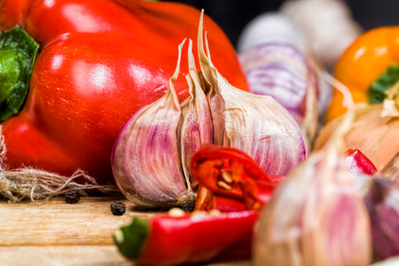 pepper, zucchini, garlic and other vegetables and spices for cooking and sauces, close up of food nutritionの写真素材