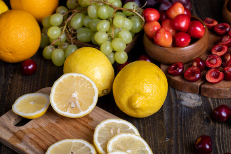 Sliced lemon on a cutting board, lying on a cutting board lemon and other productsの写真素材