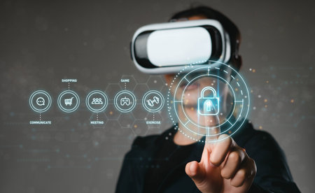 Woman wearing VR goggles connecting to internet metaverse system with exercises, games, meetings,...