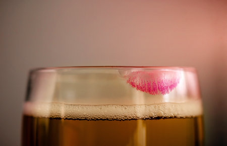 Woman Drinking Beer Concept. Closeup of Glass of Beer with Red Lipstick Mark. Feminine Moodの写真素材