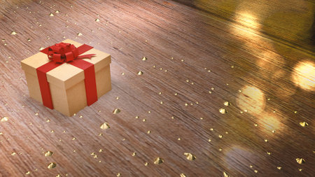 The gift box  on. Wood table 3d rendering for holiday content.の写真素材