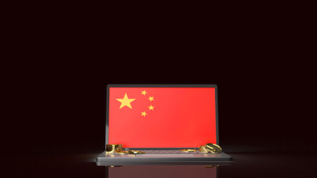 The notebook screen china flag and gold coins   3d rendering for china currency