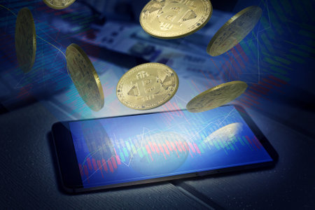 The mobile phone and bitcoin for business content.の写真素材