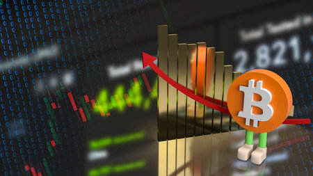 bitcoin symbol character and chart arrow up for business or technology concept 3d renderingの写真素材