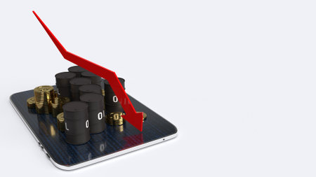 The red Arrow pointing down  and oil tanks  3d rendering image for Petroleum business content.の写真素材
