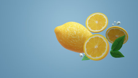 3d lemon object on blue for food content.の写真素材