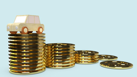 car  wood toy and gold coins 3d rendering  for  car business content.の写真素材