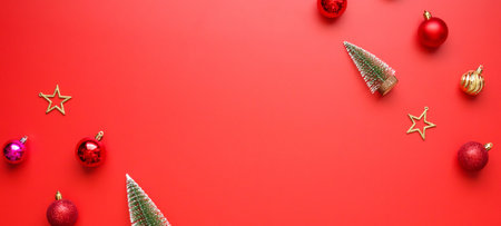 Christmas new year holiday background pine tree ball bauble on red background