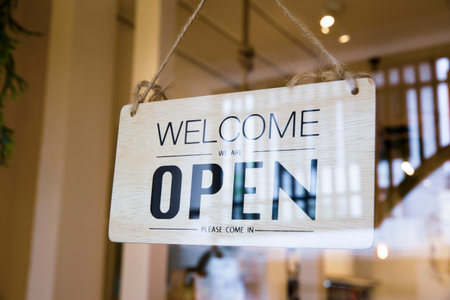Close up of the sign board Open shop or cafe of the window at the door
