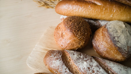 The  Bread  Wheat oats on wood  image background.の写真素材