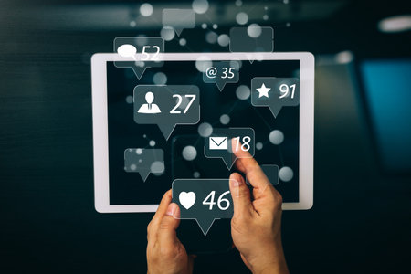 Social media and Marketing virtual icons screen concept.cyber security internet and networking concept.Businessman hand working with VR screen padlock icon on mobile phone and digital tablet computerの写真素材