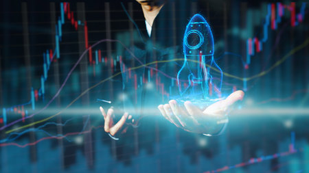Businessman or merchant showing hologram stock with the direction of rising like a rocket in hand Finance concept, stock market, fast growing business like a rocket.の写真素材
