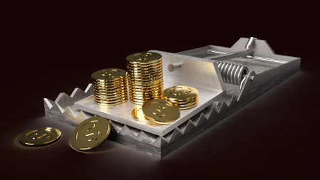 The gold coins in mouse trap 3d rendering  business conceptの写真素材
