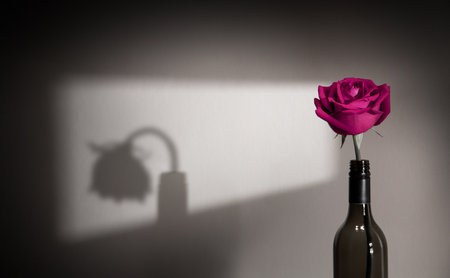 Lonely and Sadness Feeling. Mental Health in Relationship Concept. Pink Rose Flower Shading Shadow on the Wall. Symbol of  Love and Valentines Dayの写真素材