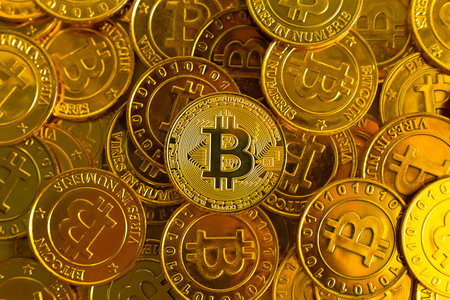 new crypto currency concept.Bitcoins ,Gold Coins ,Cryptocurrency with space for your Concept .の写真素材