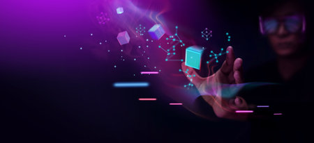 Metaverse and Blockchain Technology Concepts. Person with Glasses try to Touching Object for Experiences of Metaverse Virtual World. Futuristic Toneの写真素材