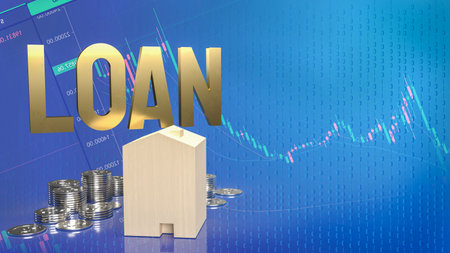 loan text  gold coins and wood house on business chart background  for business concept 3dの写真素材