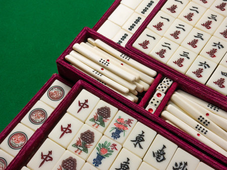 mahjong on table ancient asian board game close up imageのeditorial素材