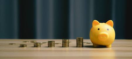 money saving concept. pile of coins, piggy bank and on desk background, long term investment for retirement. Interest rate and dividend. tax, inflation, wealth. financial business backgroundの写真素材