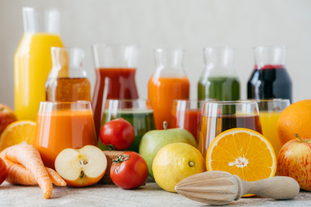 Horizontal shot of fresh fruit and vegetables on white table, glass jars of juice and orange squeezer. Healthy drinks concept. Organic beveragesの写真素材