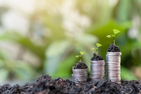 Growing Money - Plants on Coins pile silver coins with green nature background. Concept of saving money, economy, investment, growing business and wealth.の写真素材
