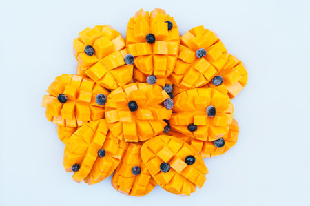 Cubes of yellow ripe mango with blueberry isolated over white background. Fresh fruits. Healthy...