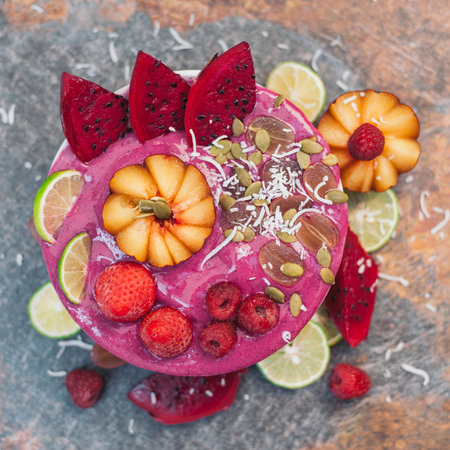 Food and art concept. Beautifully designed fruit. Ice cream with pink pitaya, slices of red dragon fruit, strawberry, raspberry, lime, coconut flakes, pumpkin seedsの写真素材