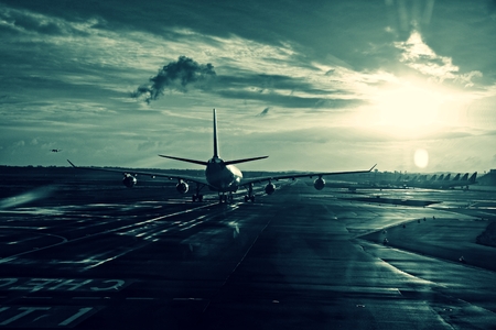 a plane on a runwayの写真素材