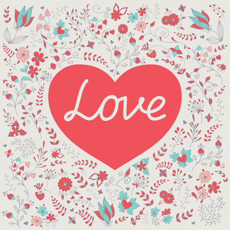 Romantic heart with word "Love" on a hand draw floral background.のイラスト素材