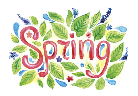 Hand drawn watercolor word "Spring" with green leaves and flowersの写真素材
