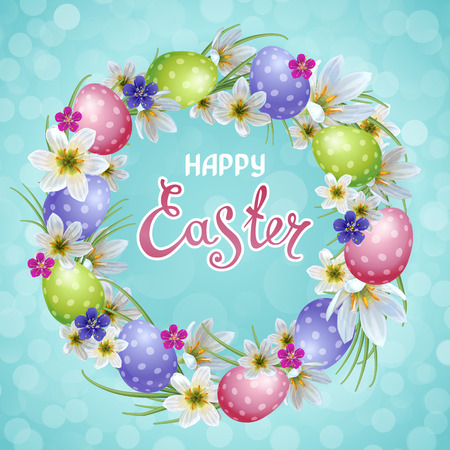 Vector template Easter cards with realistic eggs and flowers. Beautiful background. Lettering, calligraphy.のイラスト素材
