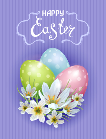 Vector template Easter cards with realistic eggs and flowers Zephyranthes. Purple background. Lettering, calligraphy.のイラスト素材