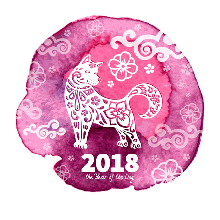 Dog is a symbol of the 2018 Chinese New Year. Watercolor background. Design for greeting cards, calendars, banners, posters, invitations.のイラスト素材