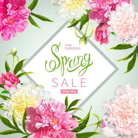 Floral background with blooming pink and light yellow peonies, buds, green leaves. Inscription Spring Sale in a frame. Template for cards, banners on 8 March, Mothers Day, Birthday, Sale announcementのイラスト素材
