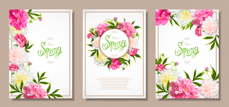 Set of three floral backgrounds with blooming pink and light yellow peonies, buds, green leaves. Inscription Spring. Template for card, banner on 8 March, Mothers Day, birthday, sale, wedding.のイラスト素材