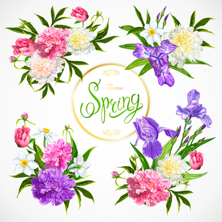 Set of four spring floral arrangements with peonies, irises and daffodils flowers on a white background. Hand drawn sketch. Design elements for card on 8 March, Mothers Day, Birthday, Wedding.のイラスト素材